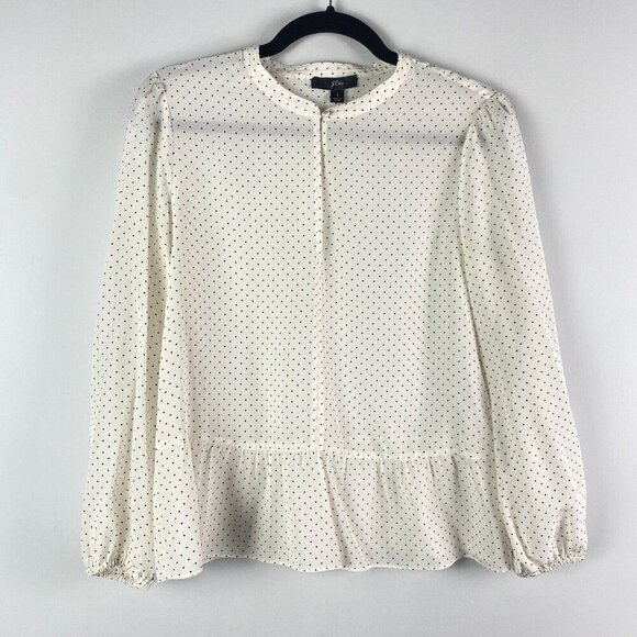 J. Crew 100% Silk Peplum Top in Ivory Navy Polka Dot Size 4 - Picture 1 of 11